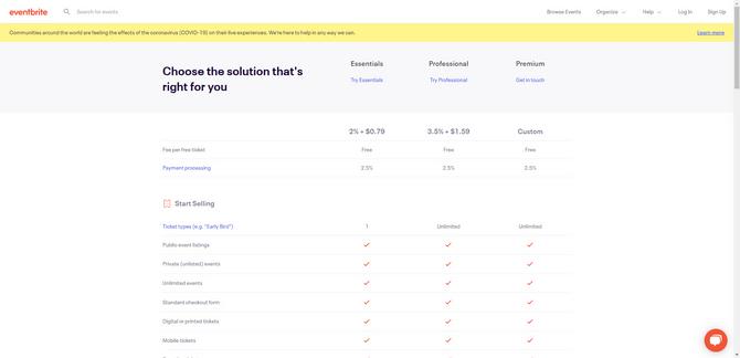 Eventbrite feature comparison table On the Eventbrite feature comparison page, the three pricing tiers appear at the top of the page for Essentials, Professional, and Premium. The cost per plan and features are then broken up below. Features that are included are indicated by a checkmark. Ones that aren’t are indicated by a dash.