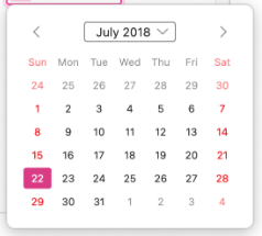 HTML Calender in Firefox In Firefox, the HTML calendar month and year title is centered in a box that can dropdown for a different month, and left and right arrows are at the far sides of the the top margins; the weekend dates are red and selected date has a pink box around it with white type. The days are three-letter abbreviations, Sun, Mon, Tue.