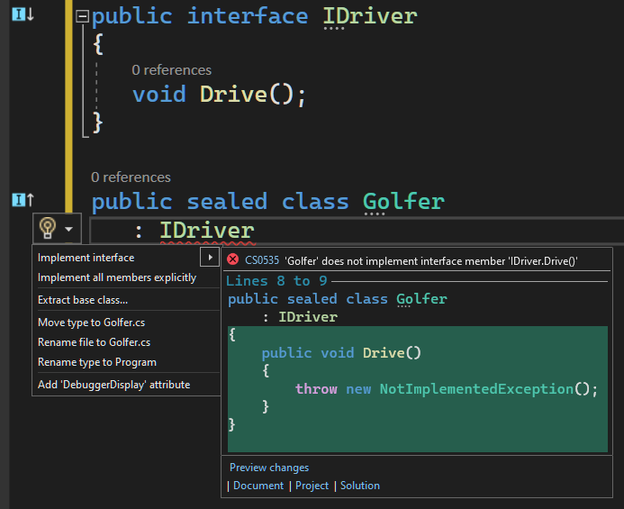 Figure 1 Shows note: 'Golfer does not implement interface member 'IDriver.Drive()'. Code shows ...public void Drive()...