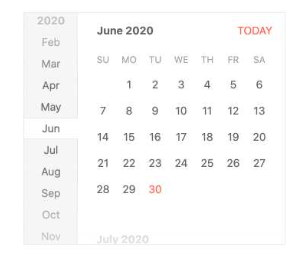 KendoReact Calendar default, cross browser The KendoReact Calendar, as you'd find it in Firefox, Chrome and Safari, has a month selection wheel on the left margin. The month and year are in the upper left, with a Today link in dark pink on the upper right. The days are two-letter abbreviations, Su, Mo, Tu, in light gray type. All dates are in black type, except for the selected date, which is in the dark pink.