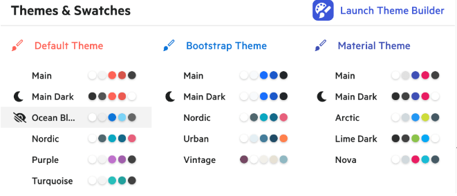 KendoReact themes KendoReact themes Default, Bootstrap and Material each has a set of swatches below it, numbering 16 in all