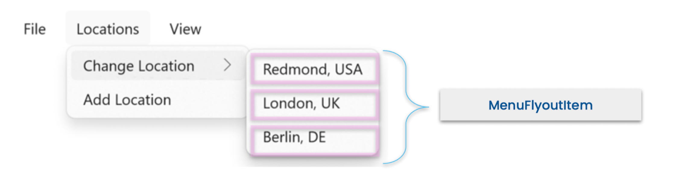 MenuFlyoutItem MenuFlyoutItem items are the cities under Change Location
