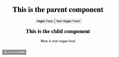 parent-onchanges When the vegan button is clicked, the display reads 'here is your vegan food'; when the non-vegan button is pressed it says 'here is your non-vegan food'