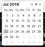 HTML Calendar in Safari In Safari, the month and year are in much larger type and bolded, despite the overall calendar being much smaller than the other two. Left and right arrows sit at the far right of the top margin. The dates are all in black. Selected has a light gray box around it. The days are two-letter abbreviations, Su, Mo, Tu.