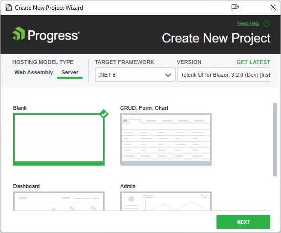 Structure-Dialog The first panel of , showing four of several page layouts: Empty (with a green checkmark and border, indicating that it’s selected); CRUD, Form, Chart; Dashboard; Admin. There is a Next button in the lower right of the panel.