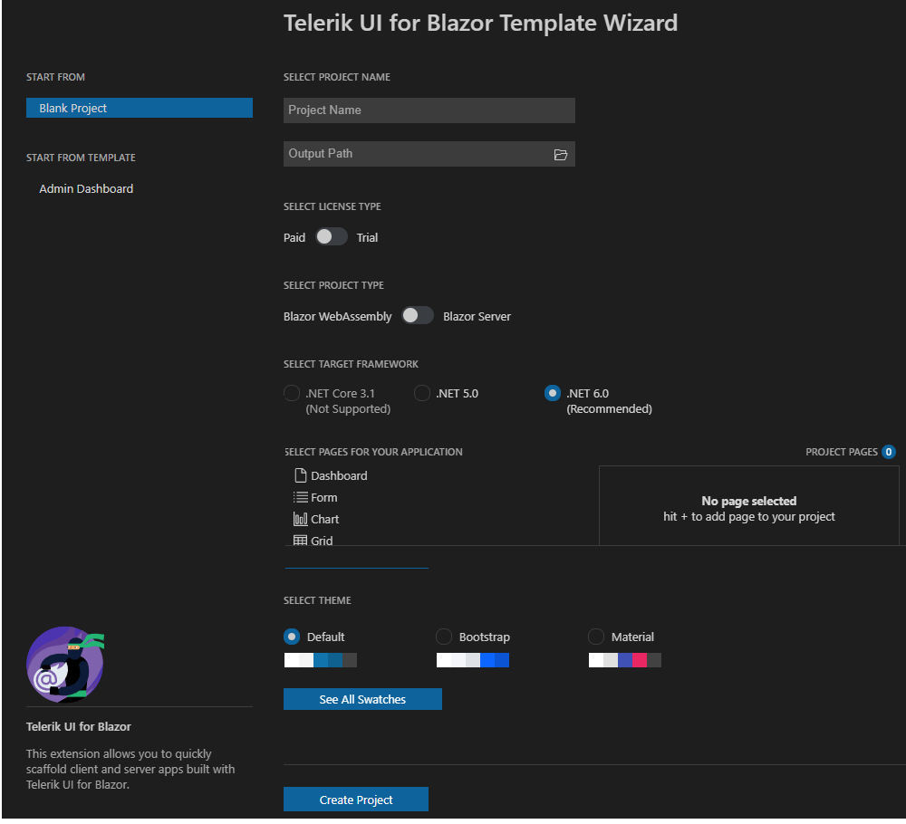 VSCWizard The Visual Studio Code wizard for creating a Telerik-enabled Blazor project. It allows the user to set the project name and location, choose between WebAssembly and server-side configurations, target framework, and the three pre-defined themes: Default, Bootstrap, and Material.
