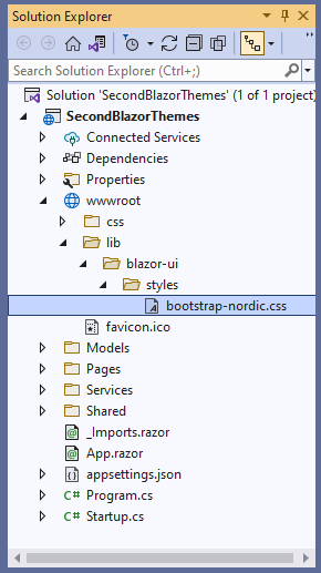 Solution-Explorer Visual Studio’s Solution Explorer pane showing a single solution with a single project. The Projects wwwroot folder has been expanded to show a css and a lib folder. The lib folder has been expanded to show a blazor-ui folder which has been expanded to show a styles folder. Inside the styles folder is a file called bootstrop-nordic.css.