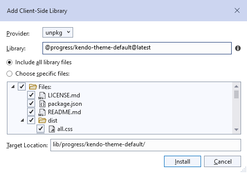 Add-Client-Side-Library A dialog box with the title “Add Client-Side Library.” There is a dropdown list labeled “Provider” that is set to “unpkg.” Below it a textbox labeled “Library” contains “@progress/kendo-theme-default@latest”. Below that are two radio buttons, labelled “Include all library files” (selected) and “Choose specific files” (unselected). Below that is treeview. It’s top node is labeled “Files” with multiple nodes nested underneath it. Each node has a checkbox and all nodes are checked. After the treeview, at the bottom of the dialog, is a textbox labelled “Target Location”. It is set to “lib/progress/kendo-theme-default/”. There are two buttons in the lower right of the dialog: “Install” and “Cancel”.