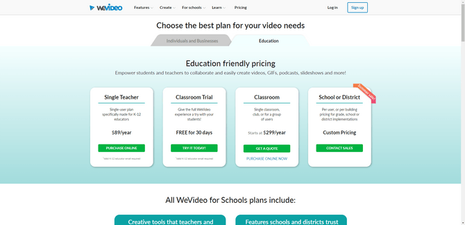 WeVideo Education plans A screenshot from the WeVideo pricing page. The Education tab is selected. At the top users are invited to “Choose the best plan for your video needs”. Below is a pricing table with four tiers: Single Teach for $89/year, Classroom Trial which is FREE for 30 days, Classroom for $299/year, and School or District which uses Custom Pricing.