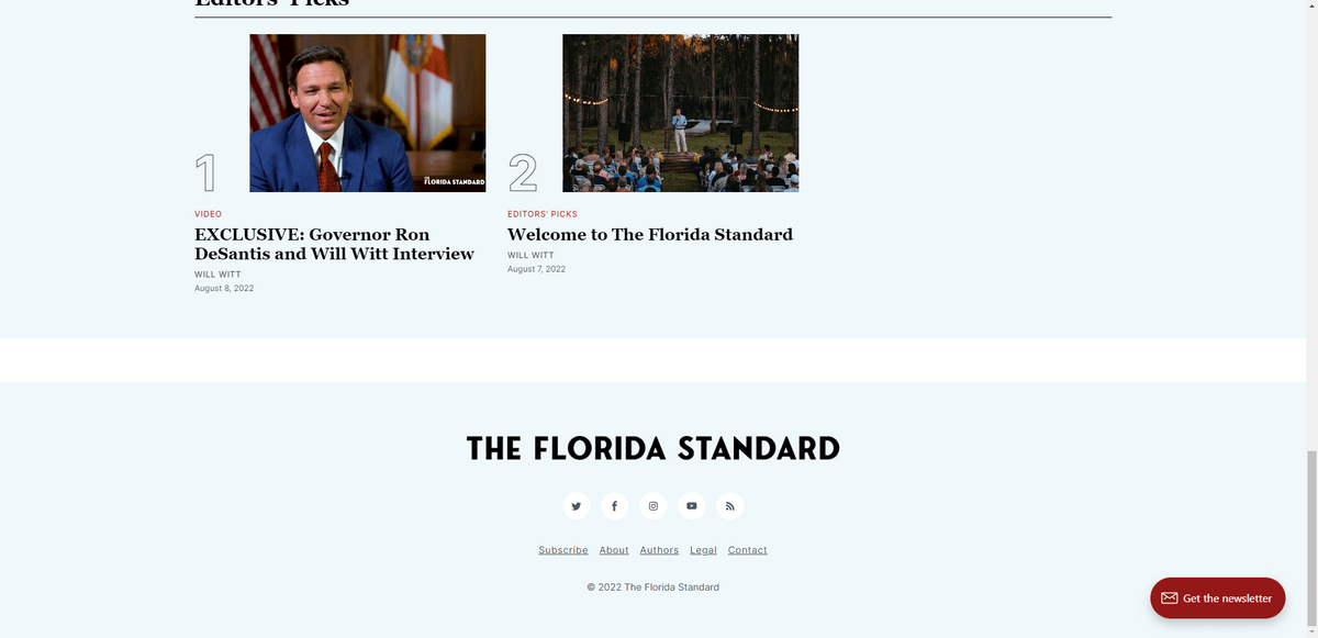 The Florida Standard footer social media The footer of The Florida Standard website includes five social media icons for Twitter, Facebook, Instagram, YouTube, and their RSS feed.