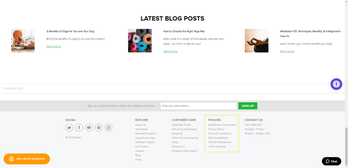 Gaiam footer policy links At the bottom of the Gaiam ecommerce website is a list of Policies: Satisfaction Guaranteed, Privacy Policy, Terms & Conditions, ADA Accessibility, COVID-19 Response. There’s also an HTML Sitemap included.
