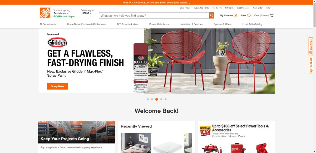 Home Depot Feedback link A screenshot of the Home Depot home page shows that there are two white and orange buttons vertically affixed to the right side of the page. One is for Live Chat, the other is for Feedback.