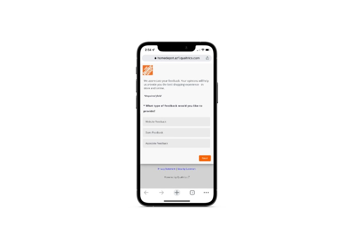 Home Depot mobile website feedback form Home Depot mobile website users are able to submit feedback related to Website, Store, and Associate via a feedback form.