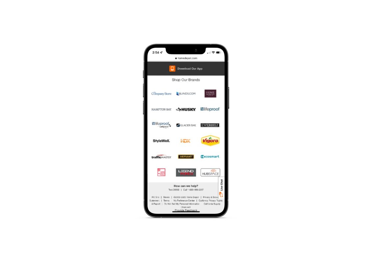 Home Depot mobile feedback button On the mobile website for the Home Depot, there’s a sticky Live Chat button affixed to the right side of the screen. If users want to provide feedback on the website, they have to scroll to the very bottom of the page and find the text link that says “Provide Feedback”