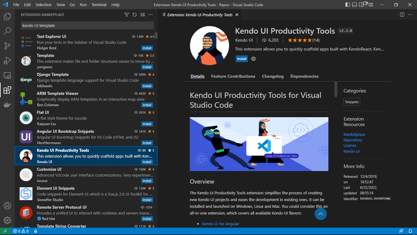 Material-01-VSCode-Extension The Visual Studio Code Extensions menu with the Kendo UI Productivity Tools selected