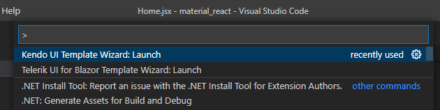 Material-02-VSCode-Command-Palette Visual Studio’s Command Palette with the Kendo UI Template Wizard selected.