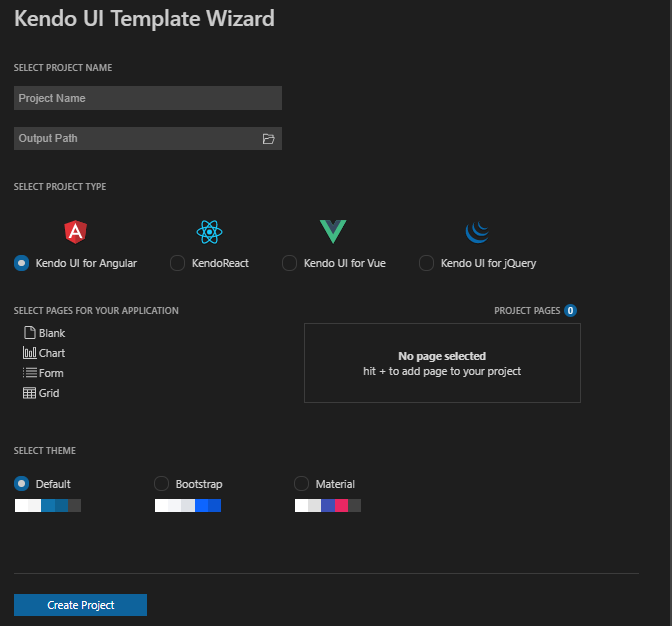 Material-03-VSCode-Wizard The Kendo UI Template Wizard. At the top of the wizard are textboxes for naming the project and selecting the folder the project will be put in. Below that, under a “Select Project Type” header are radio buttons labelled “Kendo UI for Angular”, “Kendo React”, “Kendo UI for Vue”, and “Kendo UI for jQuery.” Below that is a list box with four items displayed (Black, Chart, Form, and Grid). The Form item is selected and displays a plus sigh to its right. The Form item appears again in a list to the right, showing that it has been added. Below that, under a “Select Theme” heading are three radio buttons labeled “Default”,”Bootstrap”, and “Material”. Below each of these labels is a rectangular color palette of representative colors. At the bottom of the page is a button labeled “Create Project.”