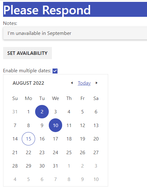 Material-09-ASP-NET-Core-Page A visually very similar page to the previous pages. Like the React MultiViewCalendar, there is no month list. In the Calendar’s header, on either side of a link with the label ‘today’ are arrowhead icons pointing either to the left and right.