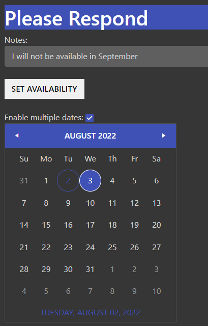 Material-11-ASP-NET-Core-Dark A page with the same layout and structure of the previous Blazor page but with a black background. The background for the textbox is also darker than the original light gray and the text in the box is in gray rather than black.