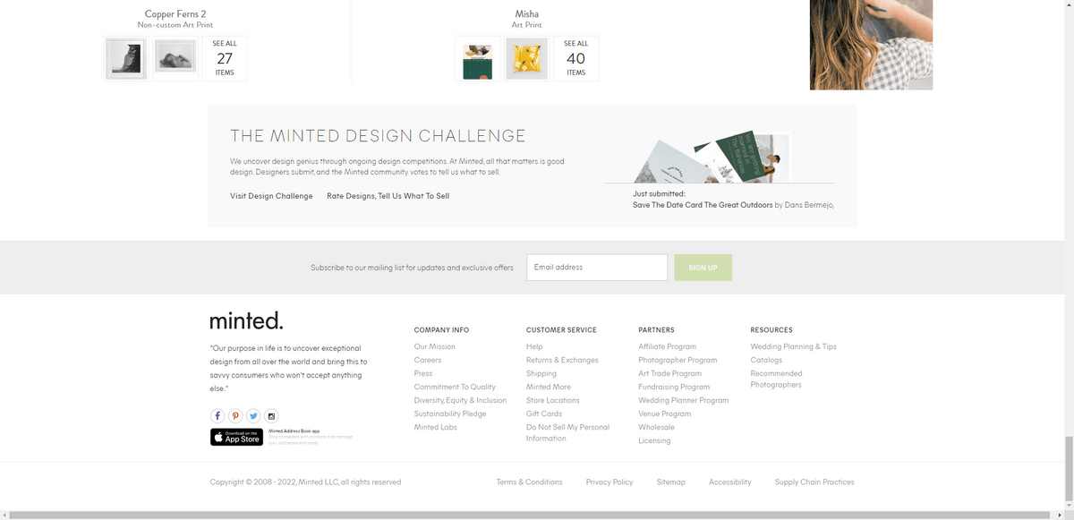Minted website footer form Just above the footer on the Minted website is a light grey bar. It asks visitors to “Subscribe to our mailing list for updates and exclusive offers” and gives them an email address form to fill out in order to sign up.