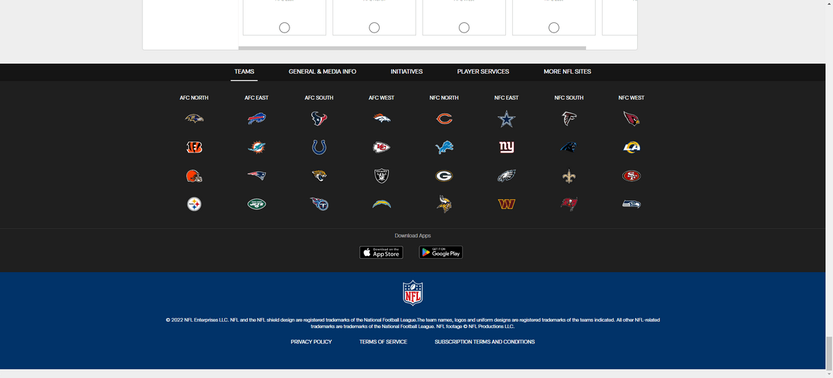 NFL footer app links The NFL website has a multi-layered footer. In the top section is a list of team icons. In the center section called Download Apps are two links — one for the Apple app store and one for Google Play.