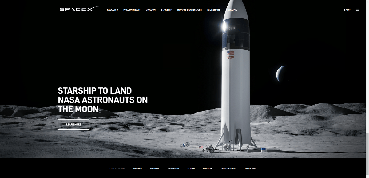 SpaceX footer social media links The footer of the SpaceX website is visible. It’s a thin black strip containing links to its Twitter, YouTube, Instagra, Flickr, and LinkedIn pages.