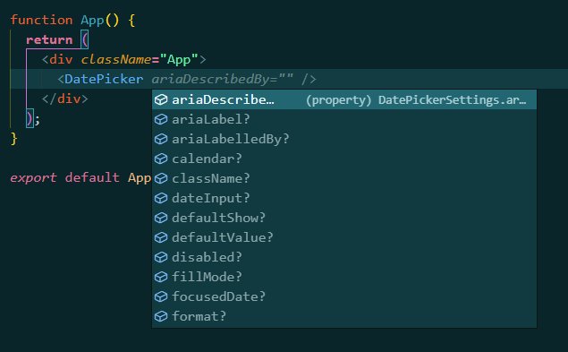 Datepicker props suggestions Datepicker props suggestions including ariaDescribe, ariaLabel, className, etc.