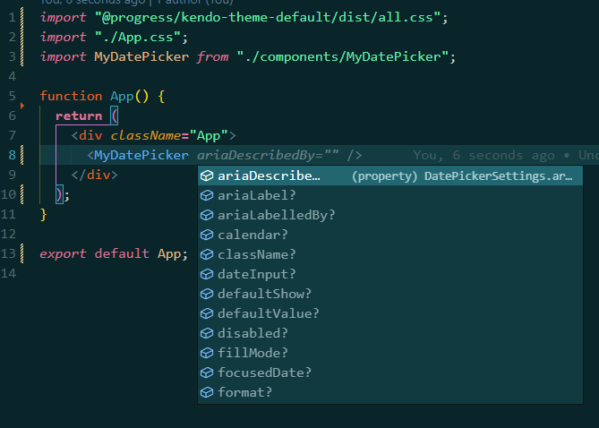 Wrapper DatePicker component suggestions with TypeScript Wrapper DatePicker component suggestions with TypeScript shows the props as before