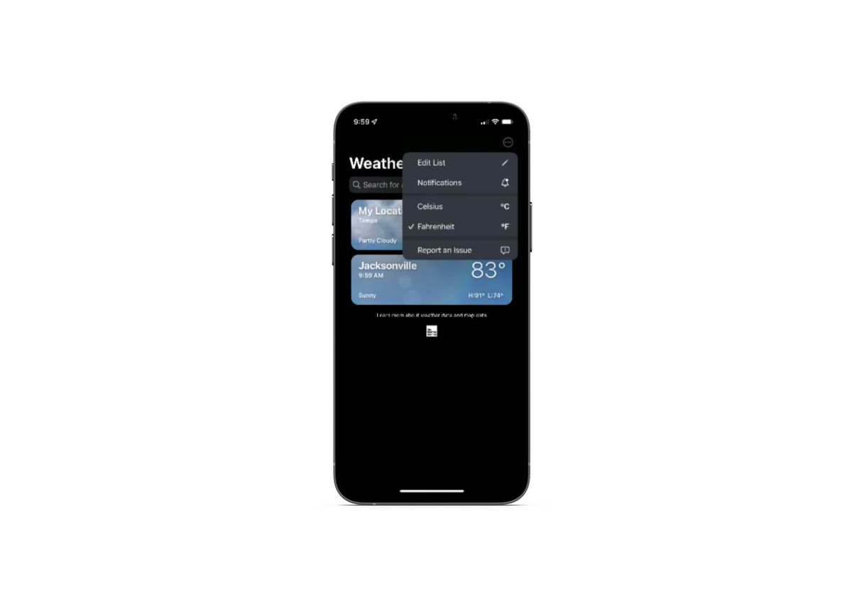 Weather Channel app - Report an issue The Weather Channel mobile app includes an option to “Report an Issue” under its Settings menu — located in the top-right corner of the app.