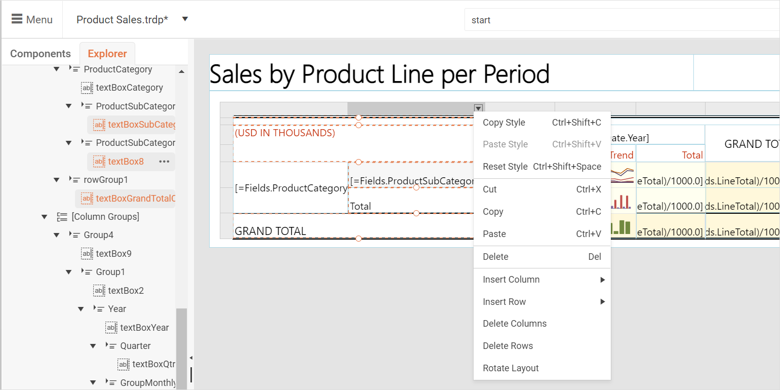 Web Report Designer Table handles Web Report Designer Table handles allow user to select the row or column and apply an action