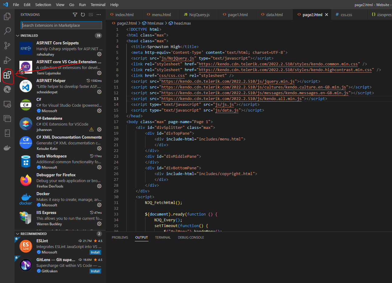 VS-Code-Extensions A red arrow points to the extensions icon in the left-hand menu of VS Code. The icon has four squares, one of which is being lifted out of alignment