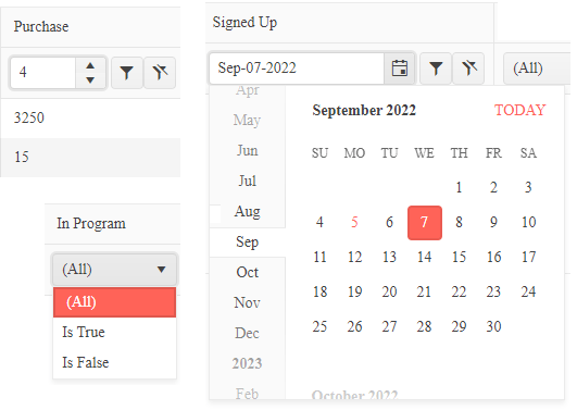 Kendo UI for Angular Grid Column Selectors Three screenshots showing the other three columns in the grid. The Purchased column has a number entered in its numeric spinner. The Signed Up column has an expanded date picker with the date in the picker’s textbox highlighted in its calendar page. The In Program column has a dropdown list with three values: All, Is True, and Is False.