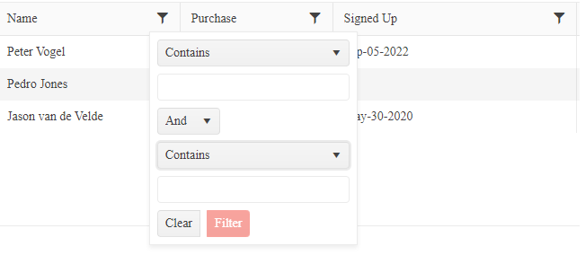 Kendo UI for Angular Grid Configured Headers A screenshot of the first three columns from the grid. There are no components under the column headers for filtering. Instead, there is a funnel icon at the right end of the column header. Below the funnel for the Name column a panel is displayed showing two dropdown lists with textboxes, stacked underneath each other and joined by a dropdown list with the word “And” displayed. The dropdown lists both display the word “Contains.” There is nothing in either of the textboxes.