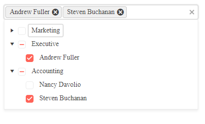 A similar display to the previous one but with both the Executive and Marketing nodes expanded and all of the nested nodes have checkboxes beside them. Under the Executive node, the Andrew Fuller item has a check in its checkbox; under the Accounting node one of the two nested nodes – Steven Buchanan – has a check in its checkbox. At the top of the dropdown those two selected items appear in lozenges. Each lozenge has an x at its end to allow the lozenge to be deleted.