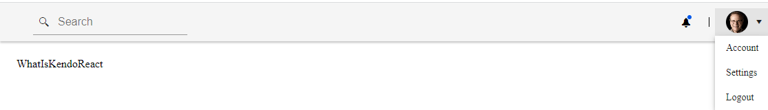 Dashboard Header component with search bar, notification, avatar, and page