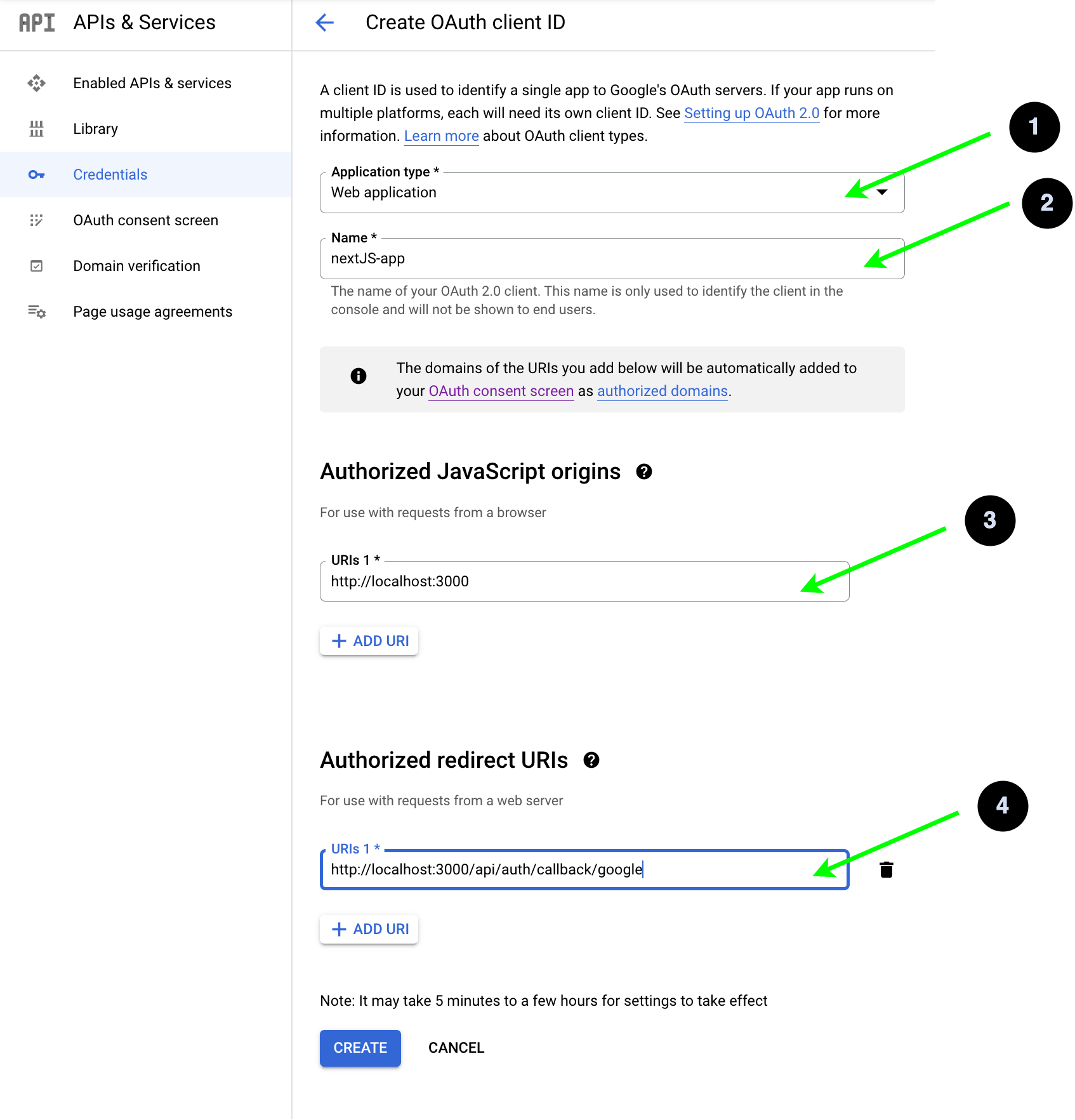 Create OAuth Client ID Create OAuth Client ID has fields for app type, name, authorized JS origins, authorized redirect URLs