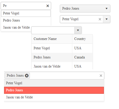 Kendo UI for Angular three comboboxes and two listboxes Screenshots of three comboboxes and two listboxes. One of the comboboxes is showing a list of items but doesn’t have the traditional dropdown arrow at the end; another of the comboboxes has multiple columns of data in its list, like a table. There is a standard dropdownlist that doesn’t include a textbox and a dropdownlist that is allowing the user to select multiple items from the list.