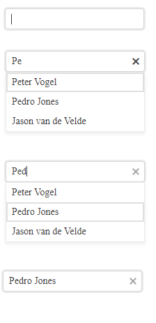 Kendo UI for Angular Autocomplete States Screenshots of the AutoComplete combobox in four states. It first appears as an empty textbox with a cursor in it. In the second state, the user has started typing into the textbox and a dropdown list has appeared of potential choices. The first two items on the list match what the user has typed so far and the first item is selected. In the third state, the user has typed enough to select the second item in the dropdown list. In the fourth state, the second item has been selected and appears in the textbox while the dropdown list has been closed and no longer appears. The textbox part of the component is also displaying at x at its end for deleting the content of the textbox.
