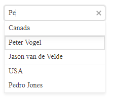 Kendo UI Angular Dropdown Autocomplete Groups A screenshot of the Autocomplete with its dropdown list open, showing the three names. However, the first two names appear under the heading “Canada” while the third name appears under the heading “USA”.