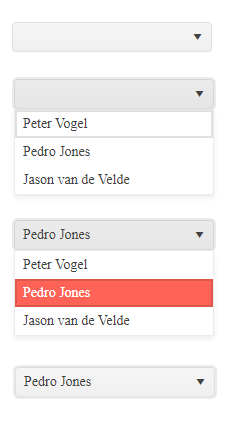 Kendo UI for Angular Dropdown DropDownList States Screenshots of a traditional dropdown list in four states. In the first state the dropdown list is displaying nothing, the dropdown list itself is closed and there is a dropdown arrow at the end of the component. In the second state, the dropdown list is open and, while the first item in the list has a box around it, nothing is displayed in the label at the top of the dropdown list. In the third state, the second item in the dropdown list has been highlighted in red and is displayed in the label at the top of the dropdown list. In the fourth state, the dropdown list is closed but the label continues to display the selected item.