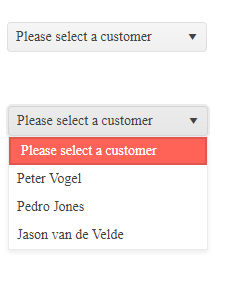 Kendo UI for Angular Dropdown DropDownList with Default States Screenshots of a dropdown list in two states. In the first state, the dropdown list is closed but the label displays the text “Please select a customer”. In the second state, the dropdown list is open and “Please select a customer” appears both in the label at the top of the dropdown list and as the first item in the dropdown list. The rest of the dropdown list consists of three names.