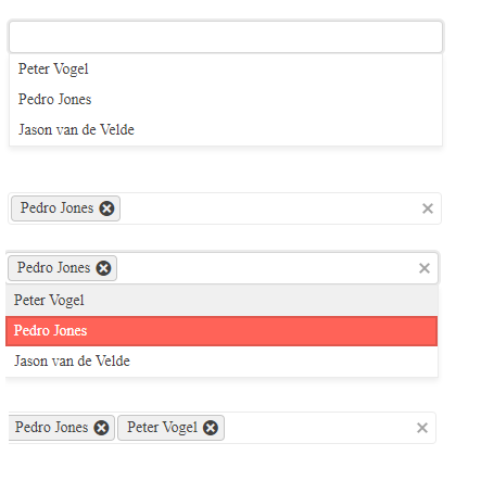 Kendo UI for Angular Dropdown MultiSelect States Screenshots of the MultiSelectComboBox in four states. In the first state, the textbox is empty and the dropdown list is displayed showing three names. In the second state, one of the names has been selected and appears in the textbox in a lozenge with an x at its end. The dropdown list is closed. In the third state the dropdown list is displayed again and a different name has been selected (the first name continues to appear in its lozenge in the textbox). In the fourth name two names appear in the textbox, each in a separate lozenge with an x at the end. The dropdown list is closed. At the end of the textbox is another x to clear all of the entries.