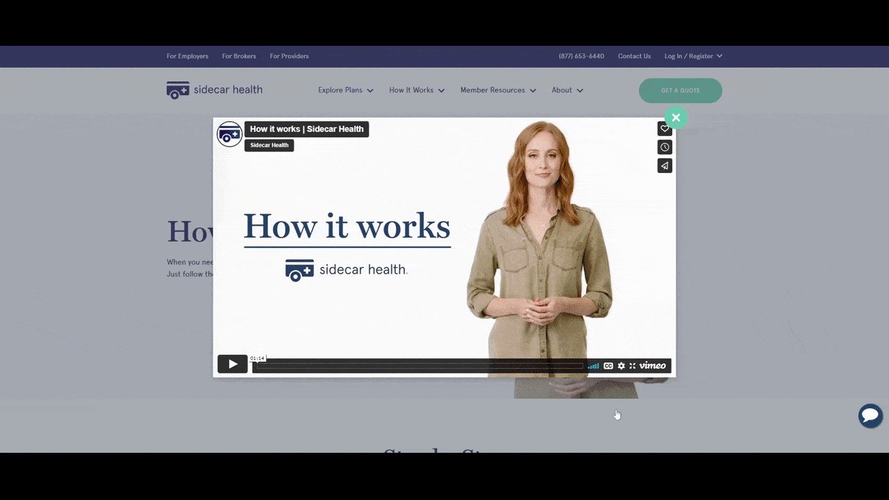 Sidecar Health How It Works transcript A GIF shows a user scrolling down the How It Works page on the Sidecar Health website. It starts with an opened video and then it makes it way through the Step by Step process of using the health insurance alternative.