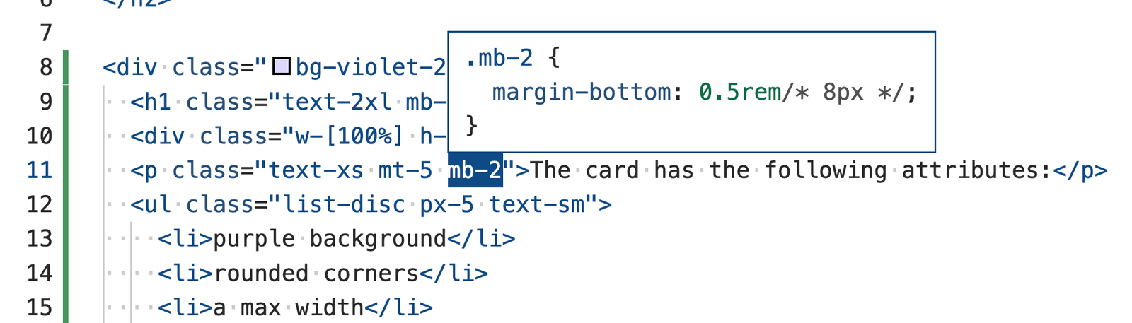 Code hover shows what is behind mb-2
