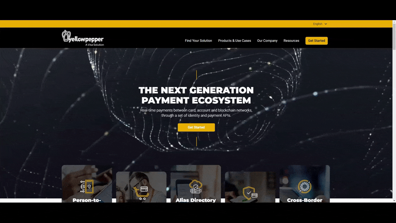 YellowPepper hero section video A GIF shows the home page of the YellowPepper website. We can see a decorative background video that resembles swirling, swaying white strings — similar to a spider’s web. On top of the video it reads “The Next Generation Payment Ecosystem”.