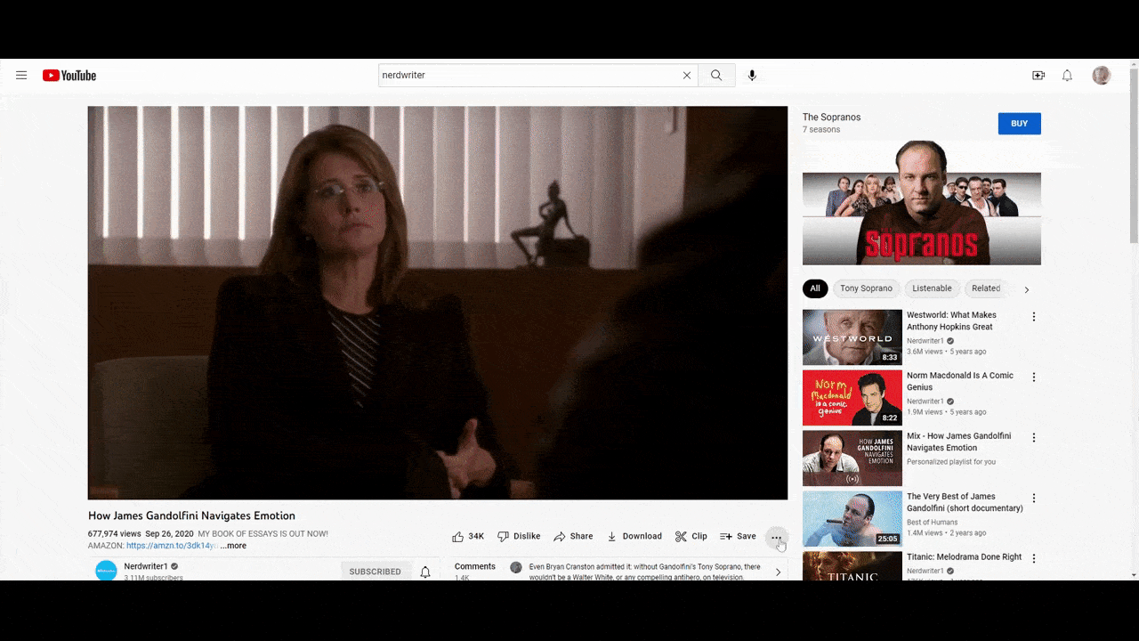 YouTube video with transcript A GIF taken from the Nerdwriter1 YouTube account. The video is entitled “How James Gandolfini Navigates Emotion”. The GIF shows the video playing with a time-stamped transcript moving along the right side of it.