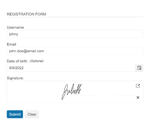 Blazor Signature Component Blazor Signature Component in a registration form with fields for username, email, date of birth, and signature.