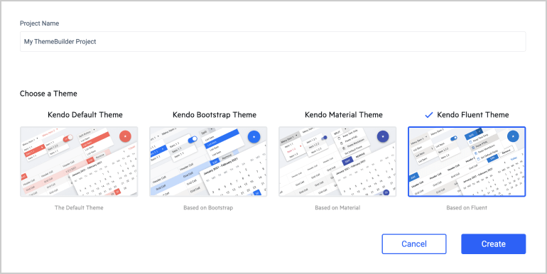 Fluent theme in ThemeBuilder Choose a theme screen in Themebuilder now has Default, Bootstrap, Material, and Fluent