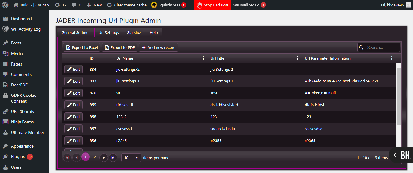 Plugin URL Settings has a list of url names, titles, and parameter info