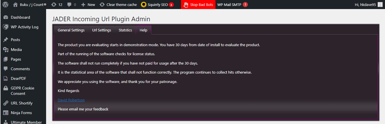 Plugin help shows the message about demo mode